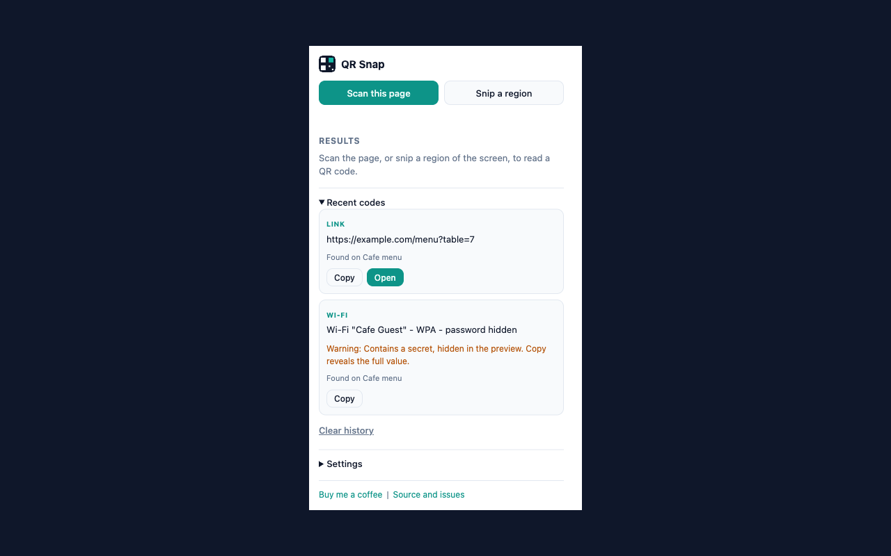 The extension popup listing decoded results